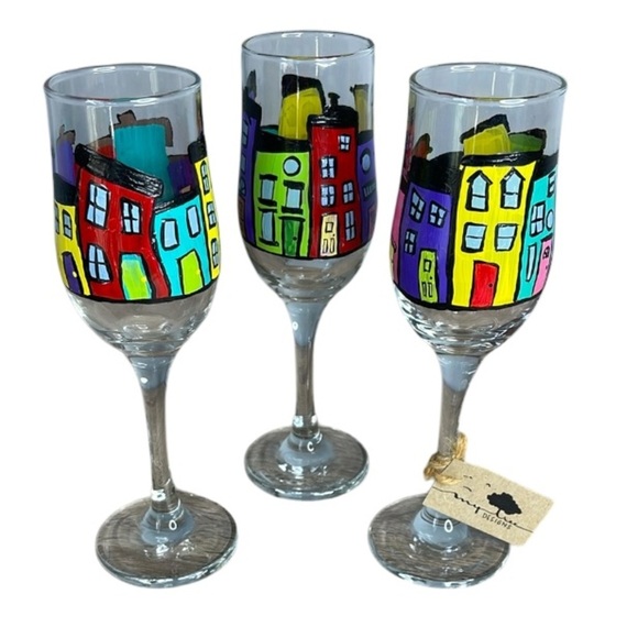 My Tree Design Jelly Bean Row Colorful Hand-Painted Wine Flute Glasses Set of 3 - Picture 1 of 6